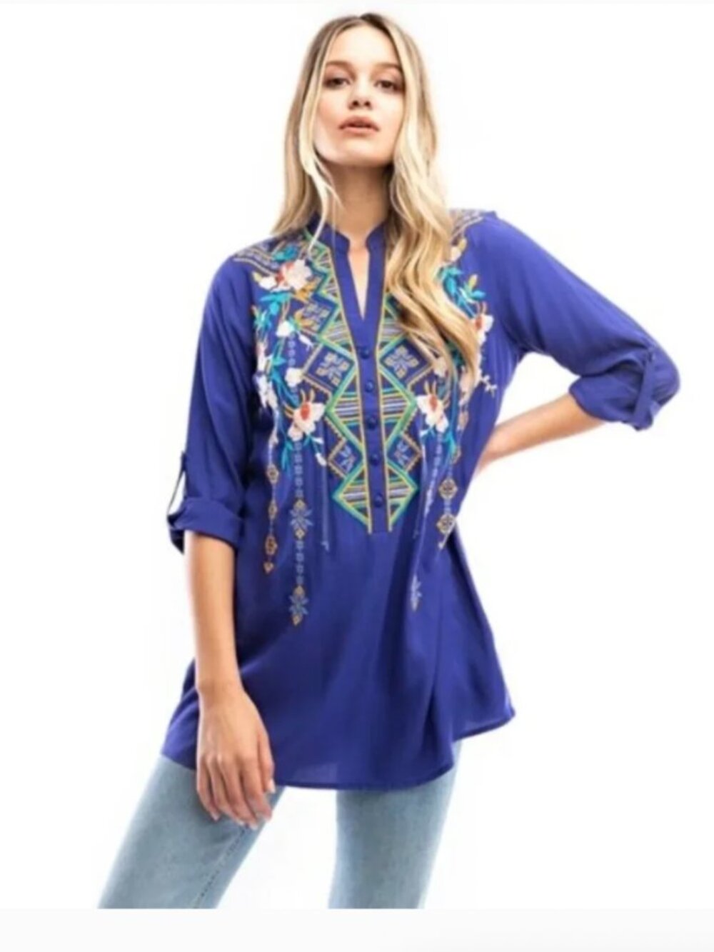 Luna Moon Colorful Blue Floral Embroidered Tunic Top